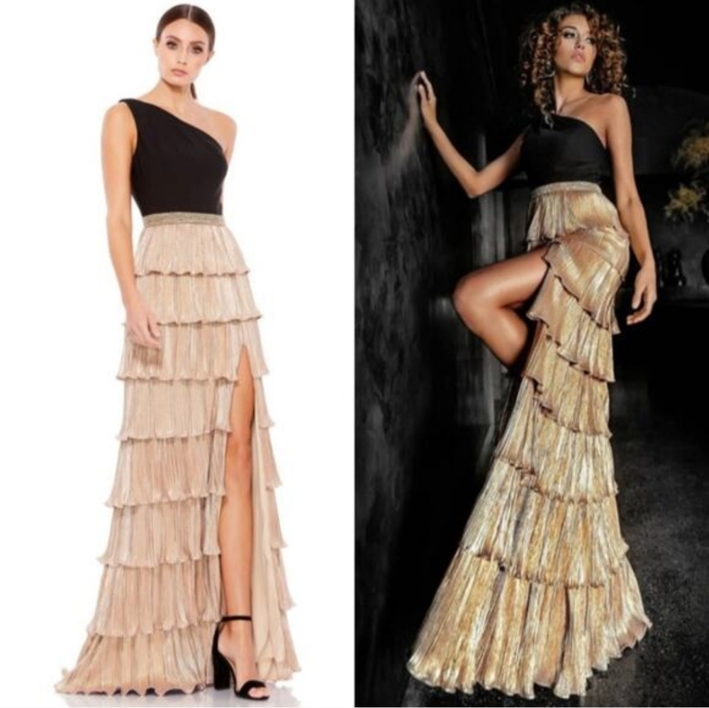 Mac Duggal 26541 One Shoulder Layered Metallic Ruffle Gown in Black/Gold Size 12 - Picture 1 of 10